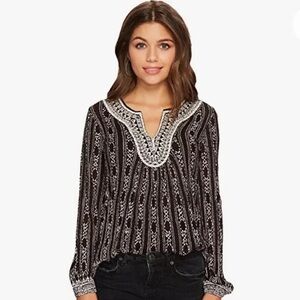 Lucky Brand Black Embroidered V-Neck Peasant Top Size XS